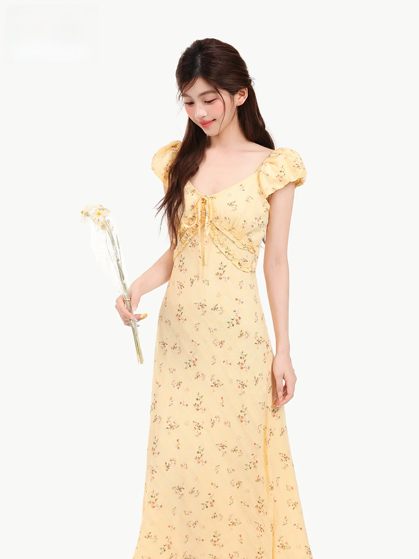 

Elegant Floral Print Summer Dress Women's Square Collar Bubble Sleeve Slimming Long Dress Holiday Style High Waist Polyester ...