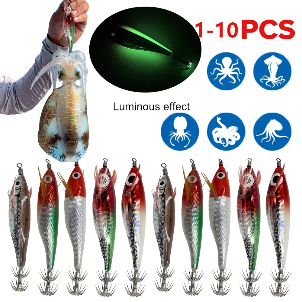 5.5/9.5/10g Laser Luminous Squid Jig Floating Horizontal Wood Shrimp Egi Lure Bait Squid Jigging Shrimp Hook Octopus Cuttlefish