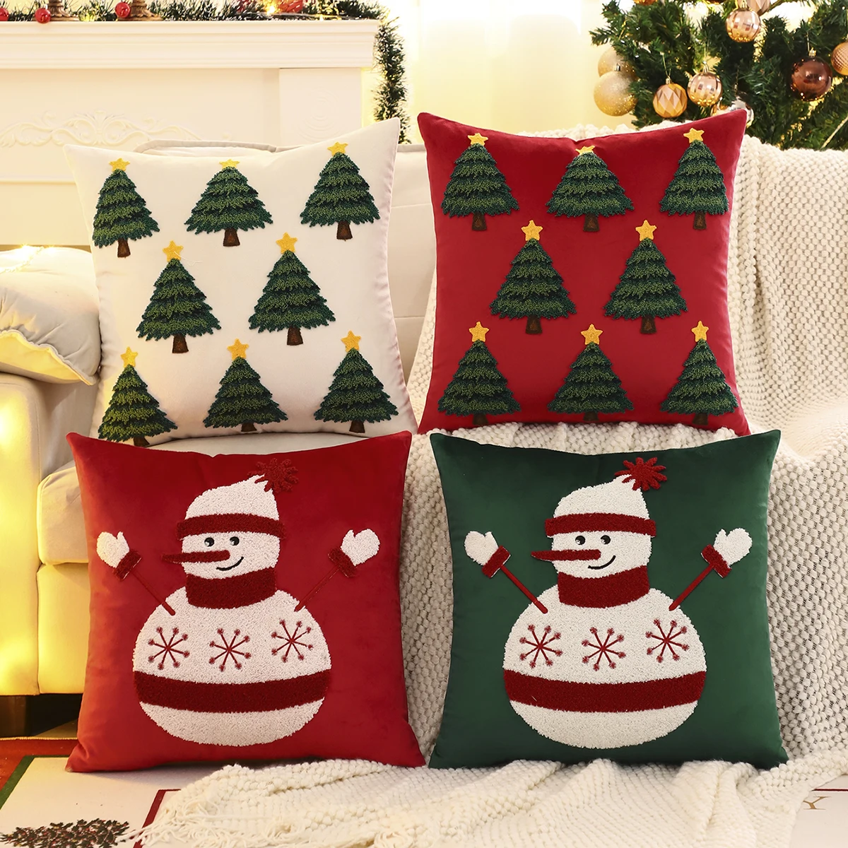 1PC Weihnachtsbaum Dekokissenbezug Samt Stickerei Schneemann Weihnachtsdekoration Wohnzimmer