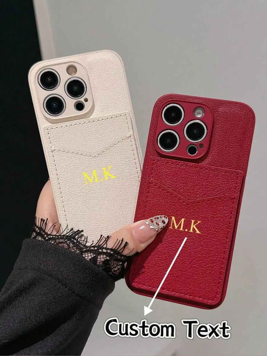 

Персонализированный чехол для телефона с текстурой личи, слотом для карт, индивидуальными инициалами и полной защитой камеры, для iPhone серий 11-17