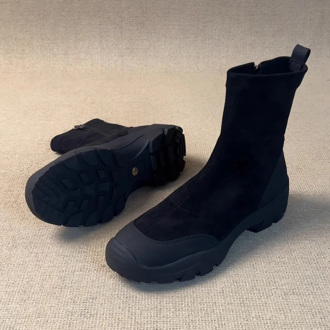 

Новинка осени и зимы 2021, французские эластичные ботинки на толстой подошве, увеличивающие рост, короткие носки с боковой молнией, ботинки