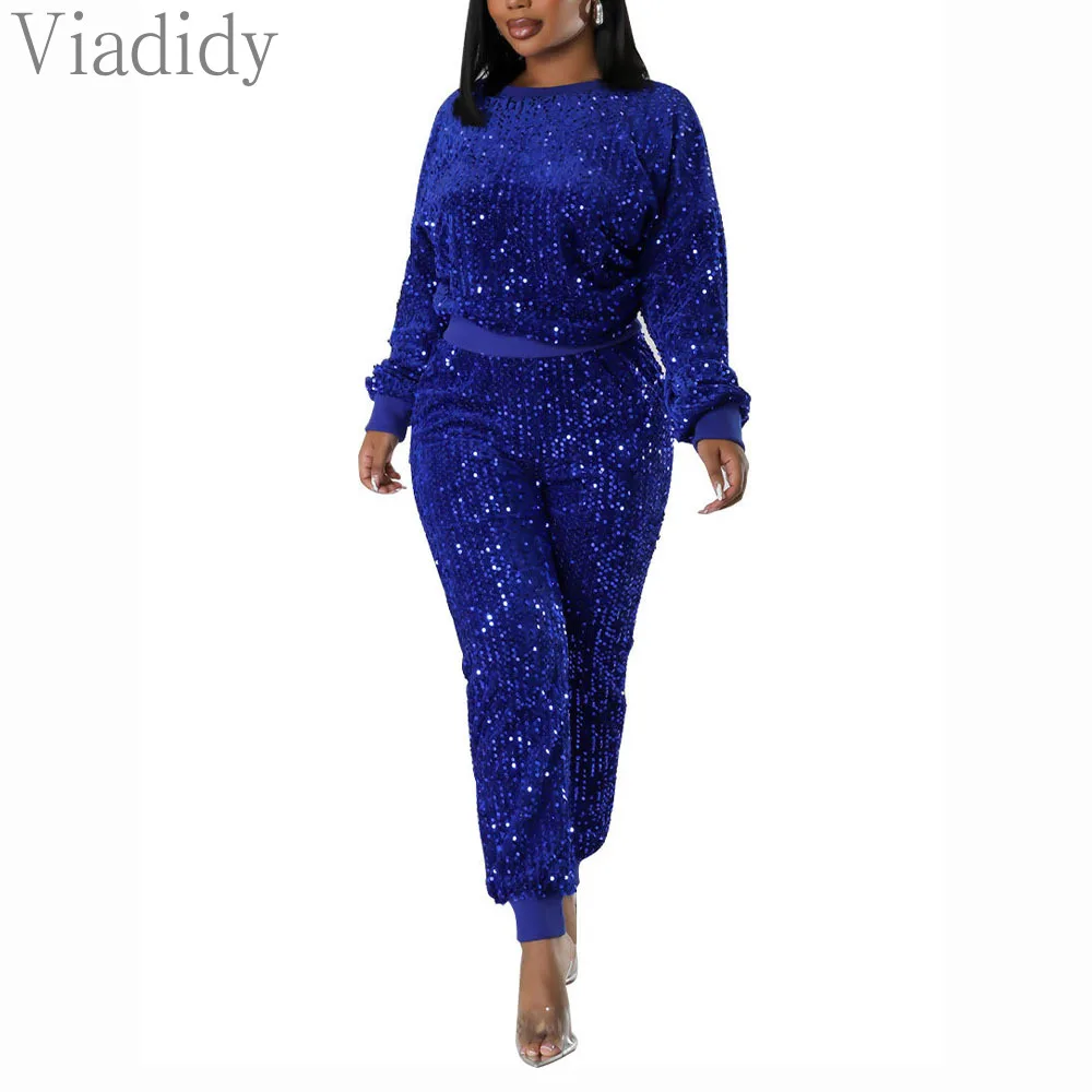 Women Casual Solid Color Round Neck Long Sleeve Sequin Glitter Decor Pullover Top and High Waist Pencil Pants 2pcs Set