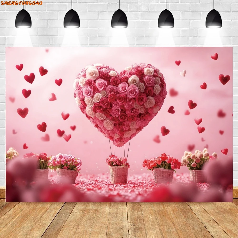 Valentijnsdag Thema Fotografie Achtergrond Romantische Bloemen Liefde Luchtballon AI Scène Bruiloft Decor Foto Achtergrond