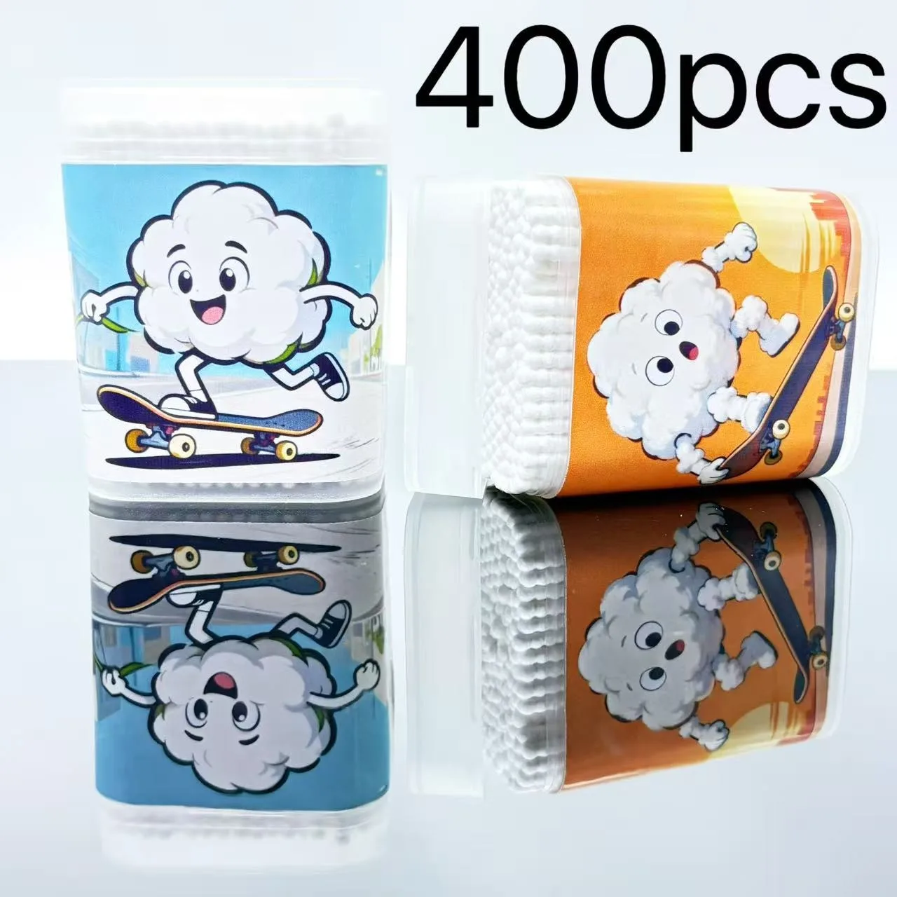 400 Stück doppelseitige weiße Wattestäbchen mit Skateboard-Motiv, kreative Sportelement-Spiral-Wattestäbchen