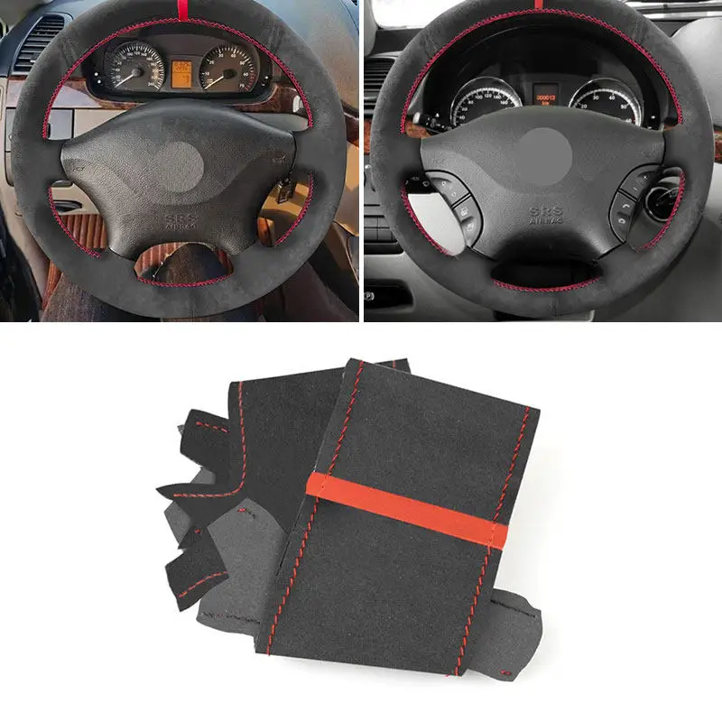 For Mercedes Benz Vito 2003 2004 2005 - 2014 Sprinter For VW Crafter 06-16 Suede Leather Red Line Strip Car Steering Wheel Cover