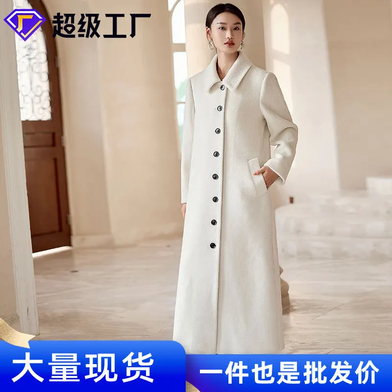 Camel Velvet Extra Long To Ankle Length Cashmere Jacket For Women's Alpaca Cashmere Season Thickened Slim Fitting Woolen Jacket