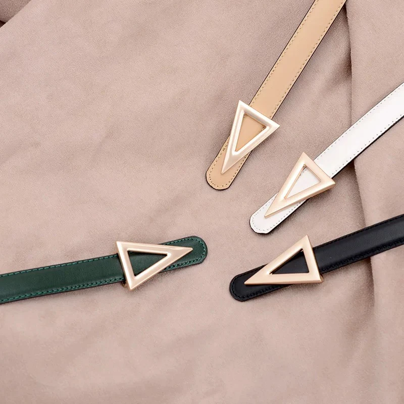 Fashion Women Belts for Jeans Dress Skinny Waist Belt Gold Triangle Buckle Thin Belts for Ladies Genuine Leather Waistband