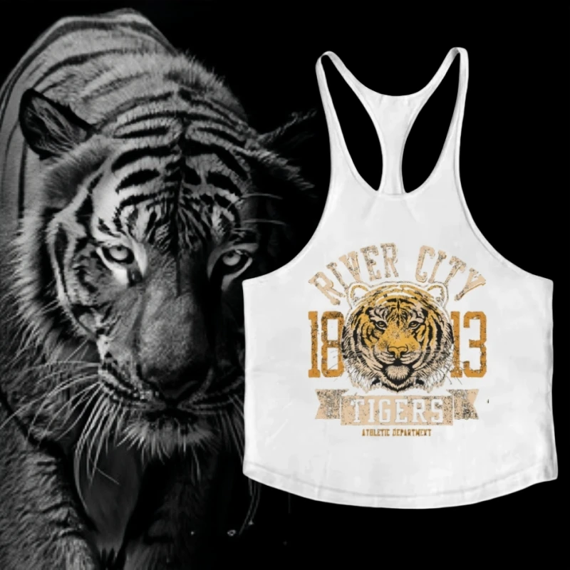 

Summer Y Back Stringer Vest - Tiger Graphic Print, Men's Cotton Breathable Sleeveless for Gym, Bodybuilding