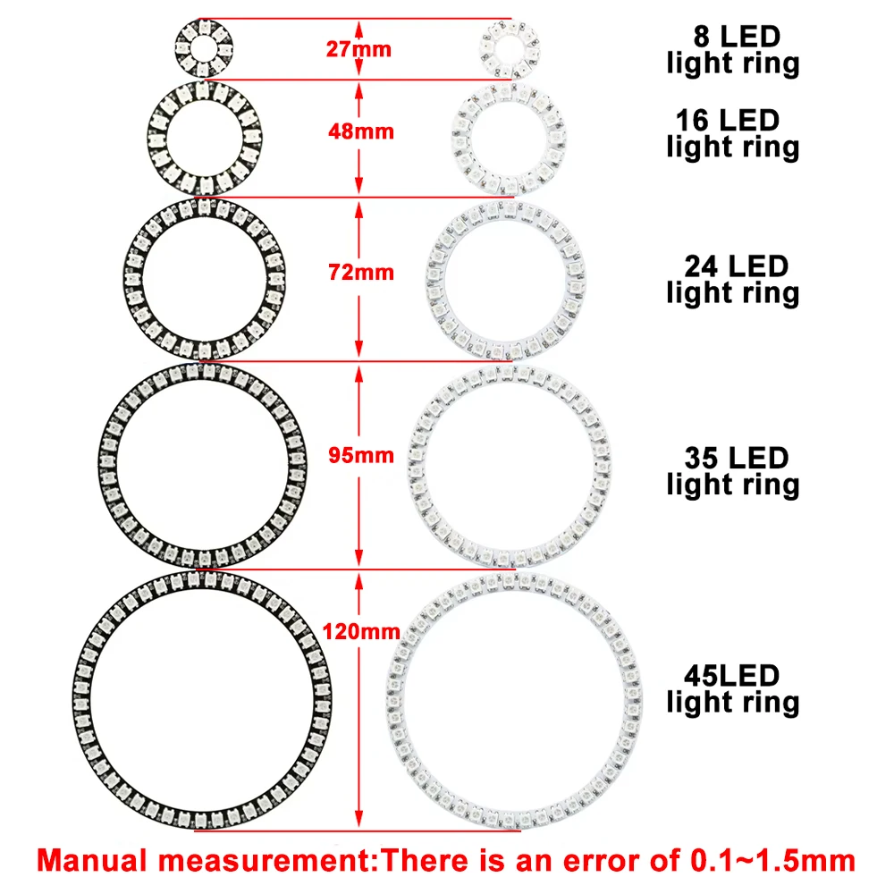 

Светодиодное кольцо WS2812B, 5 в постоянного тока, 5050 RGB, Индивидуальный Адресный круглый модуль освещения, 3 контакта, чёрно-белые печатные платы 8 16 24 35 45 пикселей, BuiIt-in IC