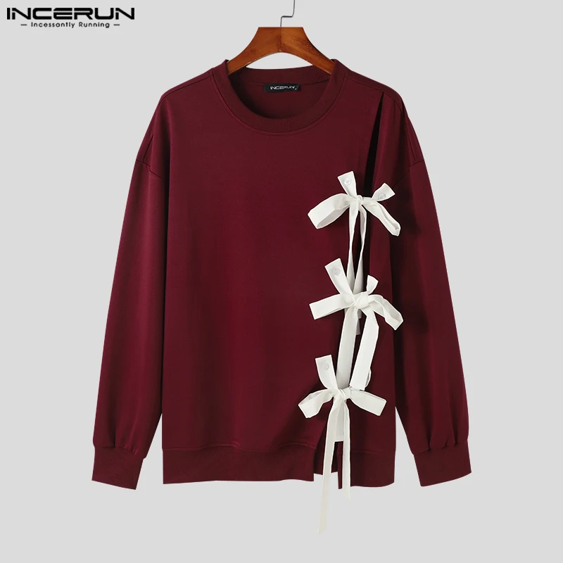 INCERUN Tops 2024 Korean Style Fashion Men O-neck Bow Ribbon Design Sweater Casual Streetwear Solid Long Sleeved Pullovers S-3XL