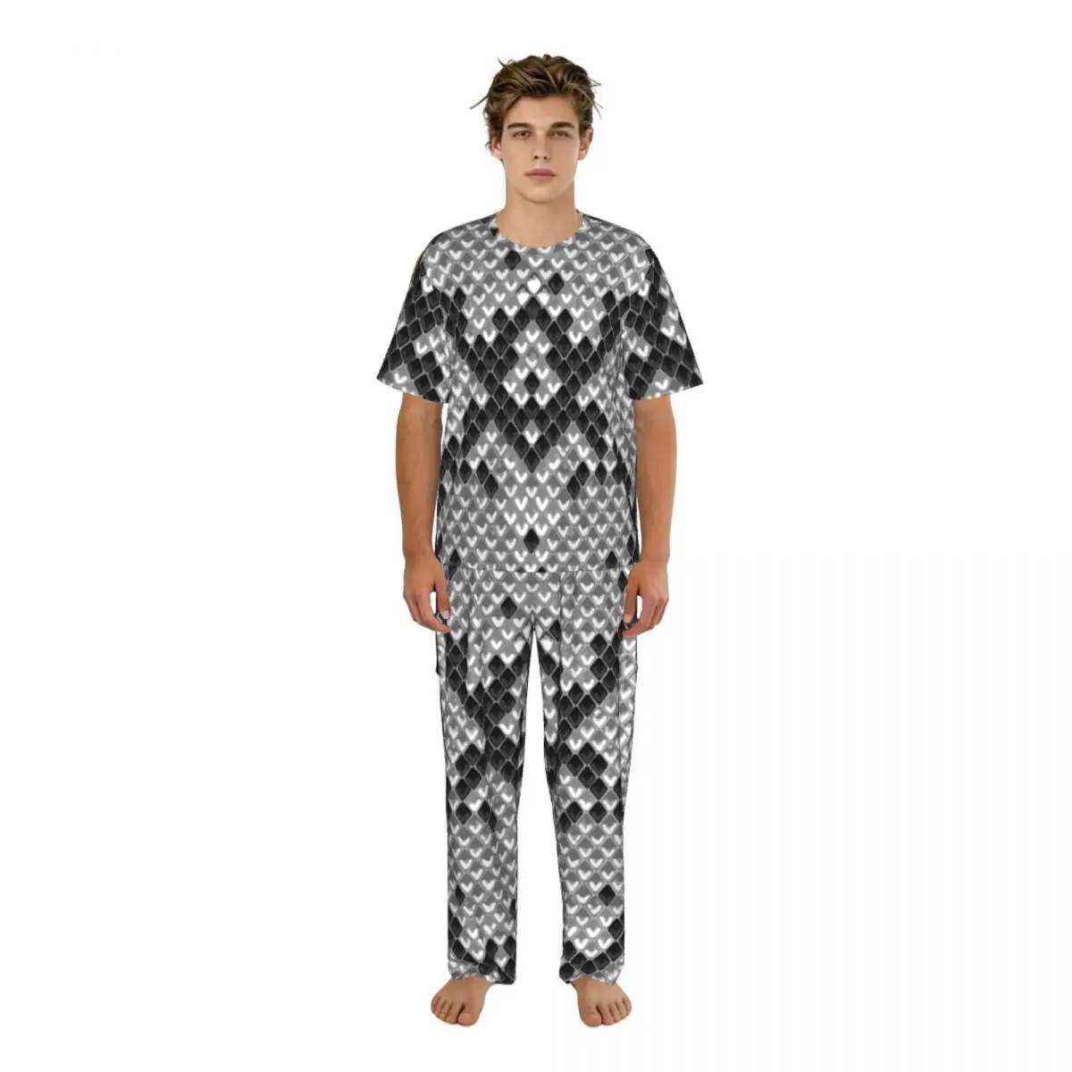 

Men's Casual Pajamas Sets Short Sleeve and Pants Sets Male Sleepwear Snake Print Home Clothes