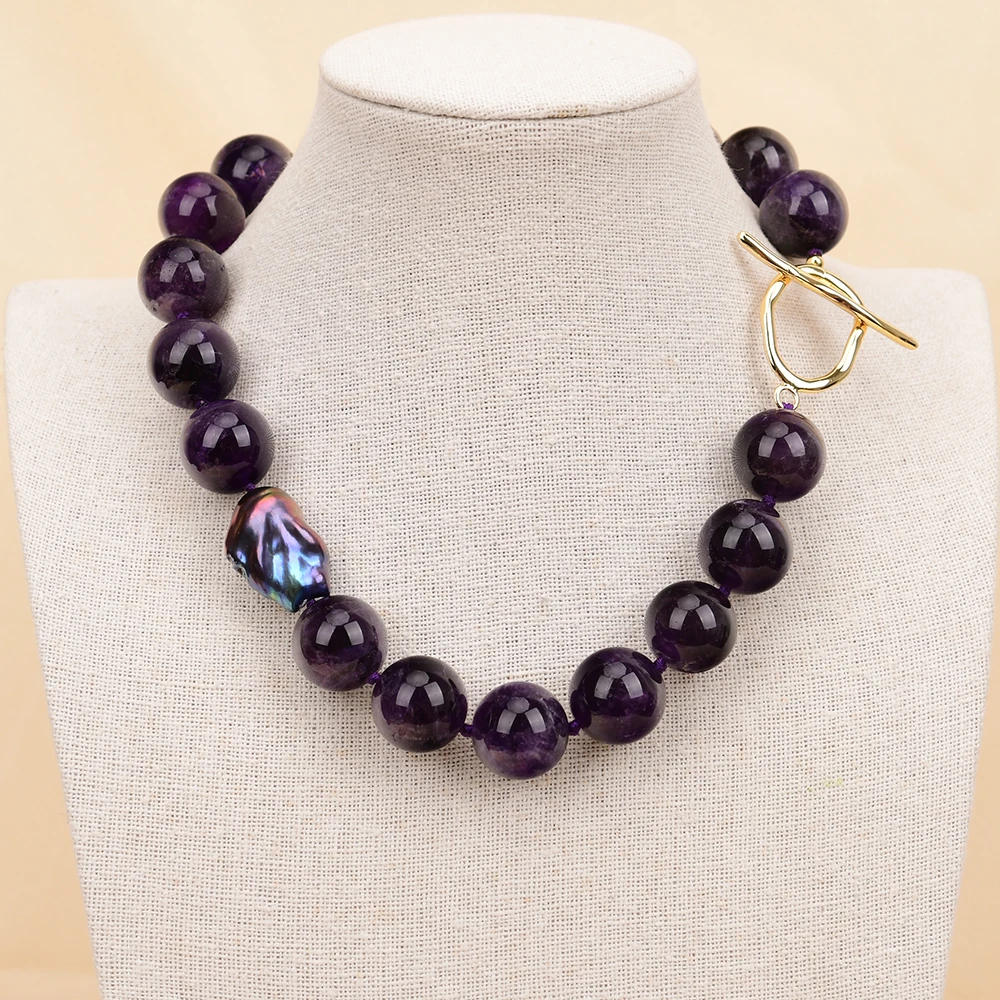 GG 18\'\' Big Stone Natural 20mm Purple Amethyst Quartz Round Beads Black Keshi Baroque Pearl Chokers Necklace Handmade For Lady