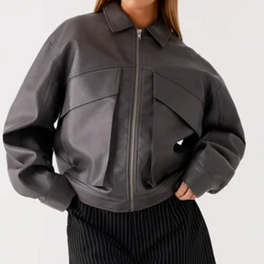 Giacca in pelle nera oversize con tasche grandi e giacca con cerniera Giacca leggera Giacca con cerniera Cappotti casual Giacca autunnale