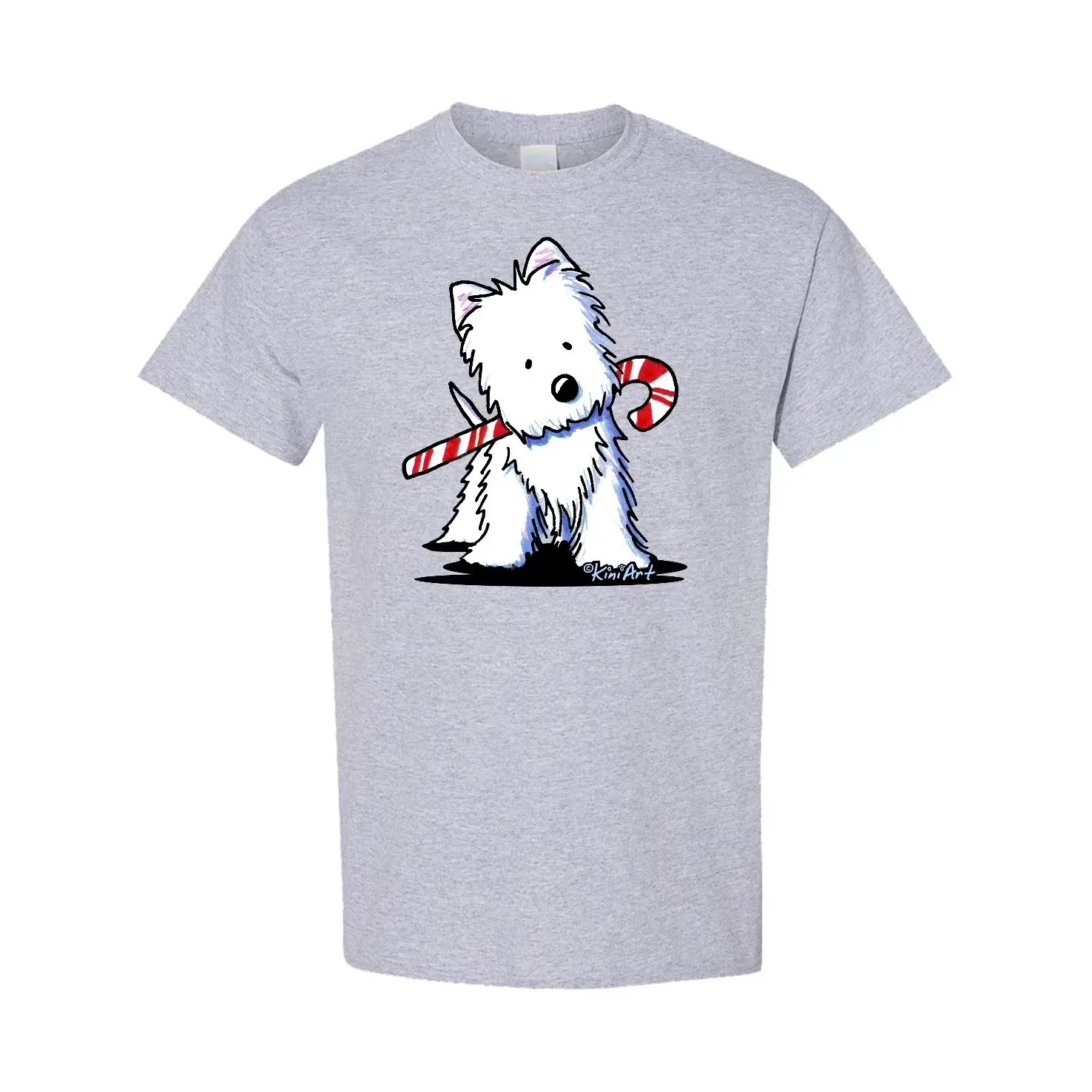 Camiseta masculina de algodão com gola redonda e manga curta com estampa Westie With Candy Cane