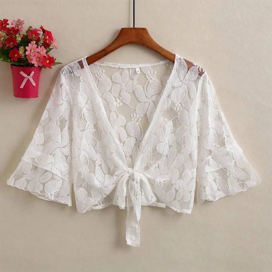 

White Floral Lace Shawl With Bell Sleeves And Tie Front For Women Summer