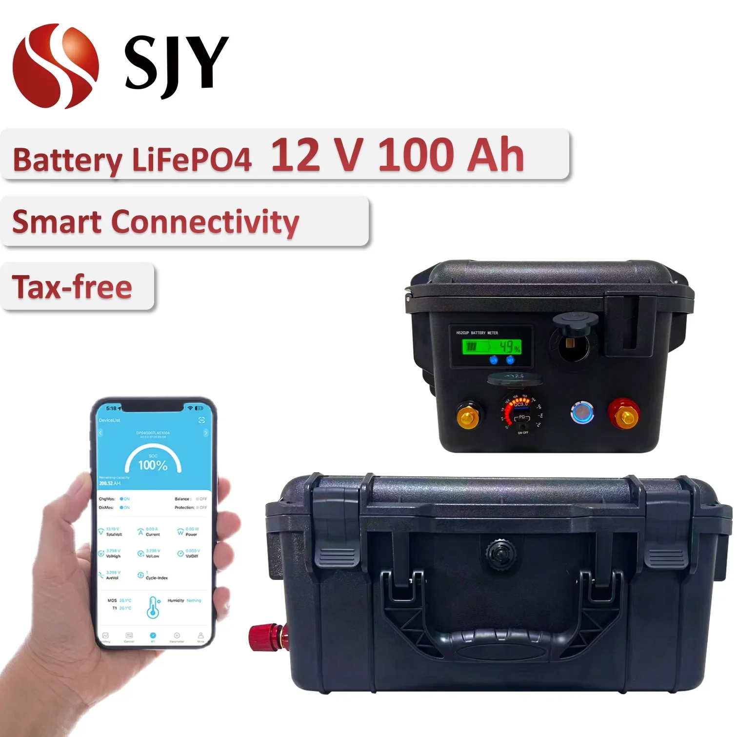 Portable lithium LiFePO4 battery 12V 100Ah (with Bluetooth function) for Marine propeller/Lamp/Boat/RV solar system