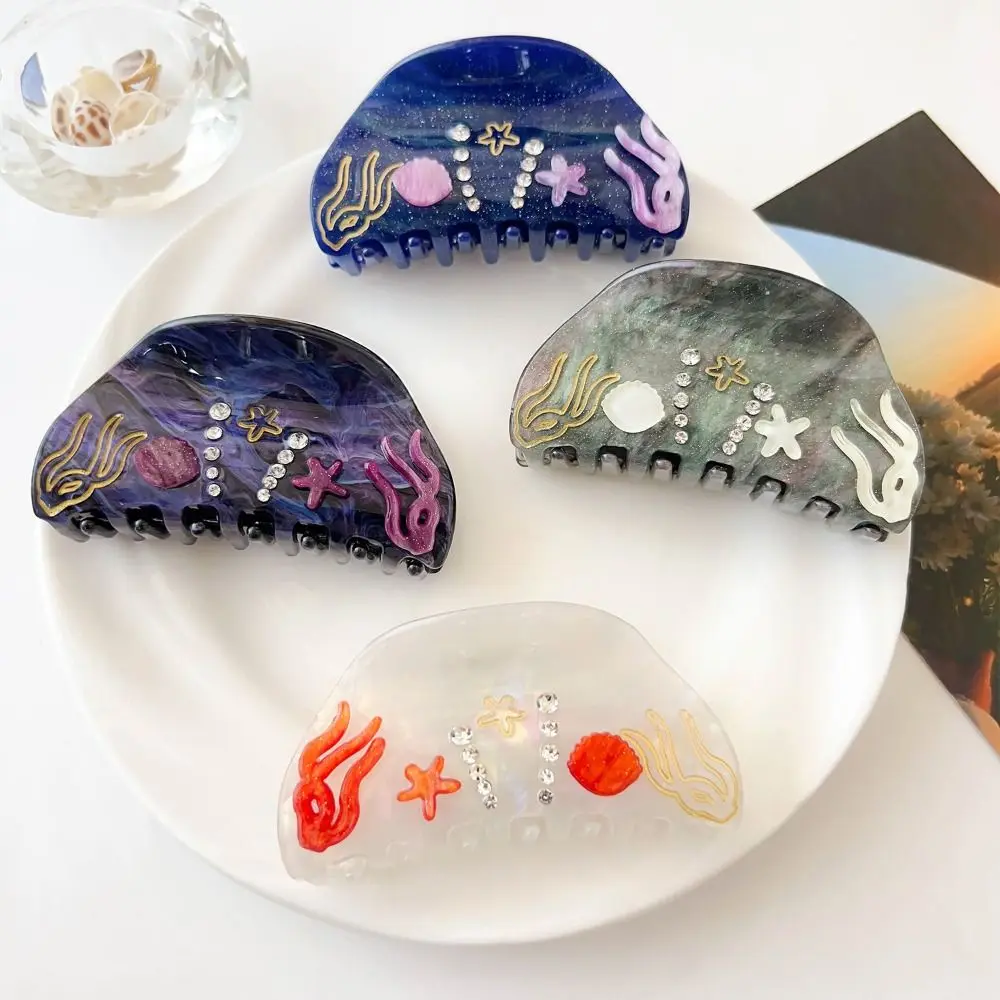 

Милая заколка-крабик для волос в виде морской звезды и ракушки с жемчугом и стразами, акриловая заколка-крабик для девочек
