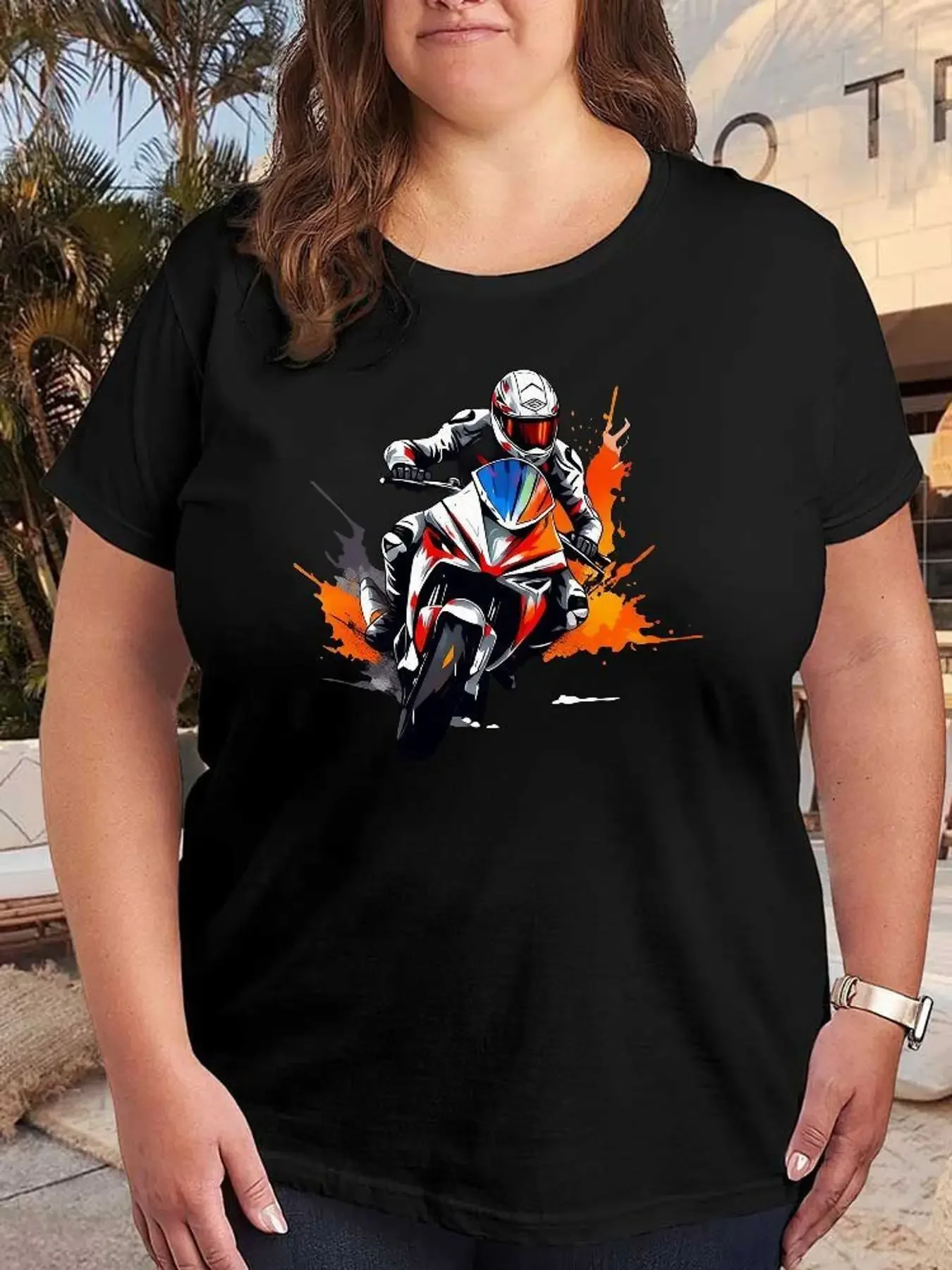 Camiseta gráfica de carreras de motos para mujer, ropa de calle a la moda, camisetas informales elásticas de talla grande de manga corta, camiseta cómoda de verano