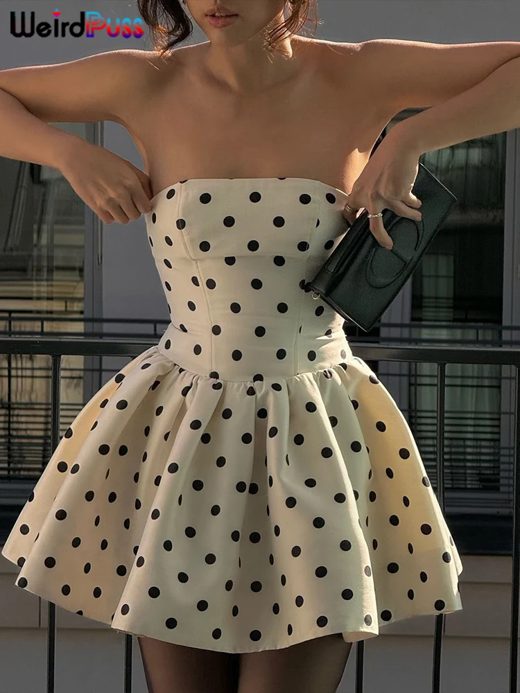 Weird Puss Dots Print Dress Women Chest Wrap Backless Bow Applique Ruffles Loose Hem 2025 Y2k Trend Streetwear Chic Mini Bodycon