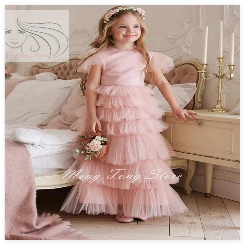 

Flower Girl Dresses For Wedding Appliques Crystal Pleat Ball Gown First Communion Dress for Kids Pageant Party