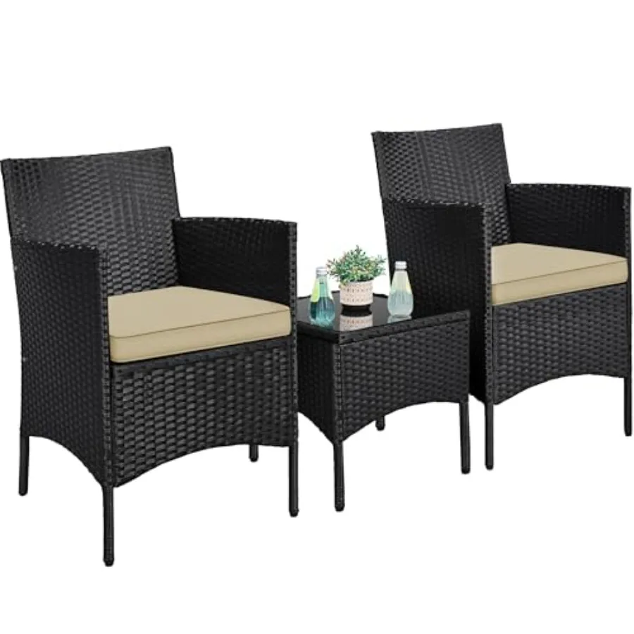 3 Pieces Patio Conversation Set for Bistro/Porch/Garden/Deck/Courtyard: Outdoor Rattan Furniture with Cushioned Chairs Side Tab