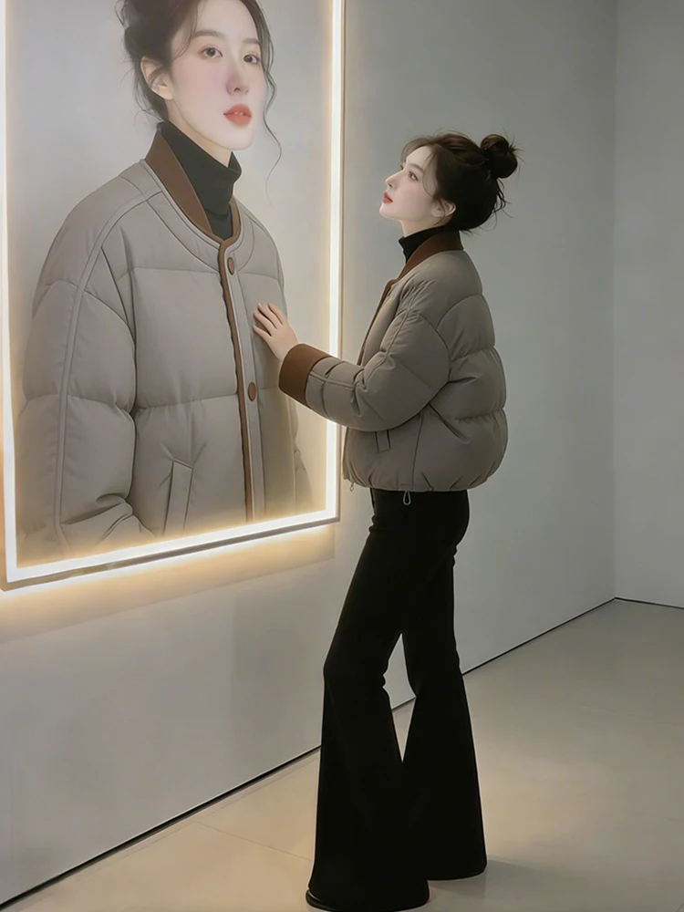 

Супертеплая хлопковая куртка для женщин, зимнее свободное пальто с цветными блоками, корейский стиль, длинный рукав, круглый вырез горловины