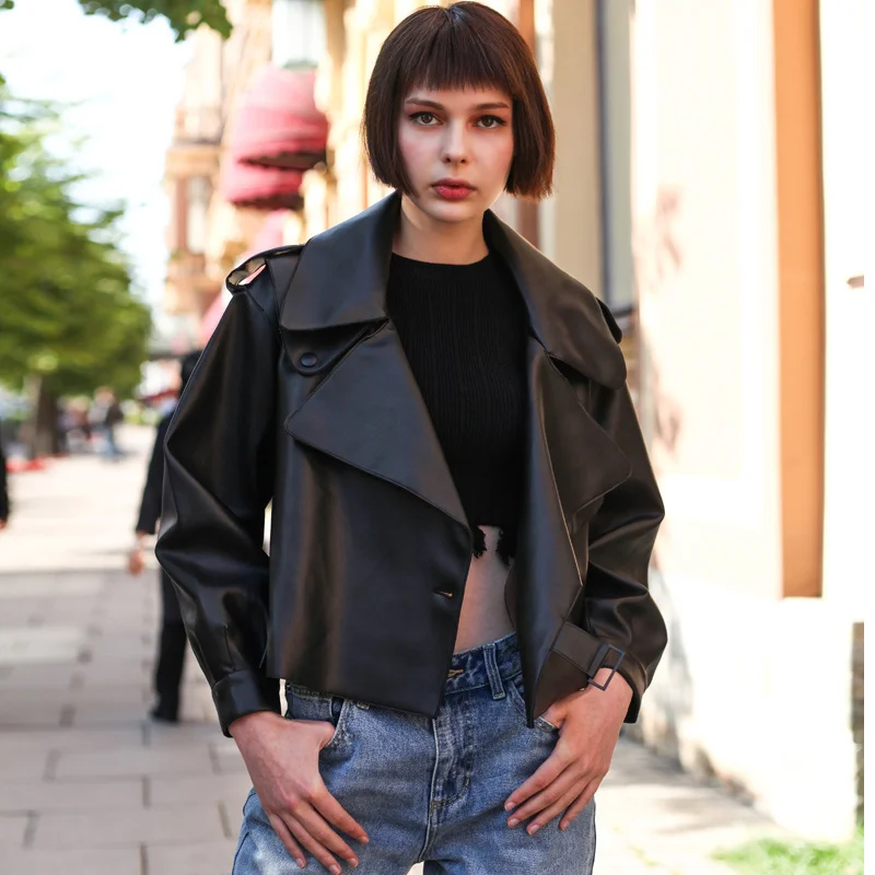 

Quality Women Faux Leather Jacket Soft Top Loose Biker Coat Female Short Motorcycle Black White Jacket High Street Leather Coat