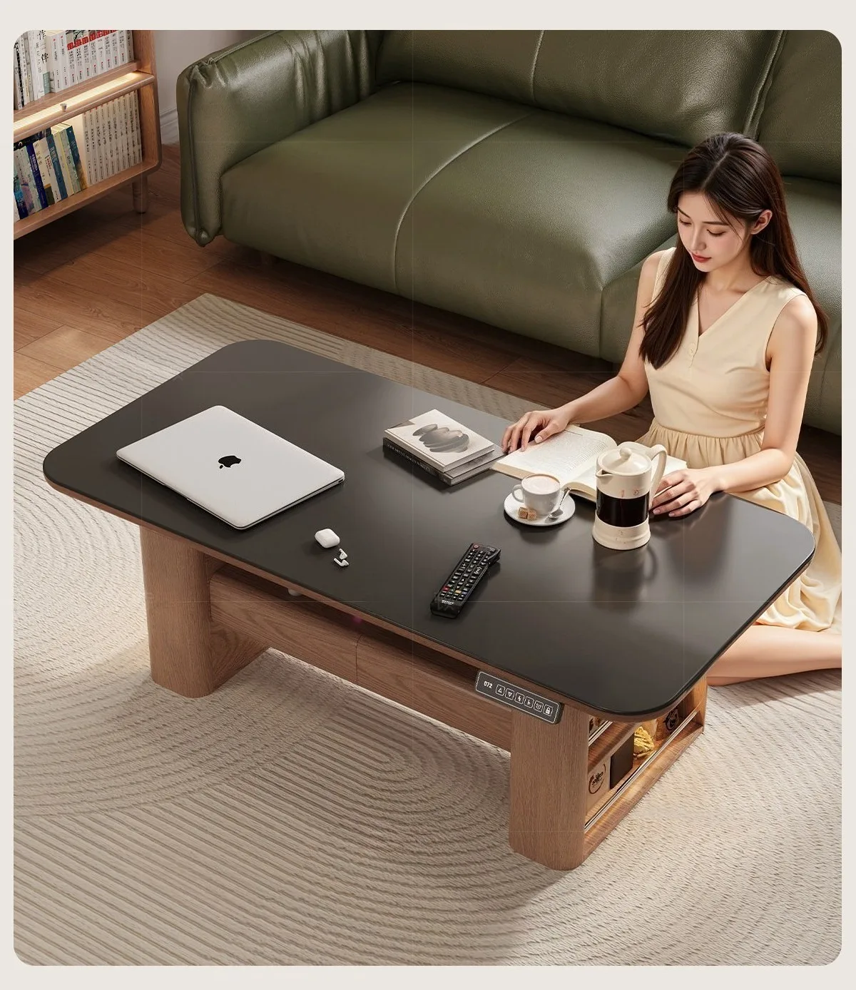 

Electric Lift Coffee Table 2 In 1 Multifunctional Dining Desk For Small Space Sintered Stone Top Solid Wood Storage Adjustable