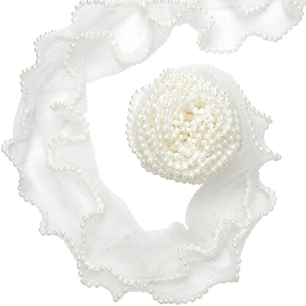 2 Layer Polyester Pleated Lace Trim with Plastic Beads Lace Ribbon for Garment Accessories White 3-1/8 inch(80mm)