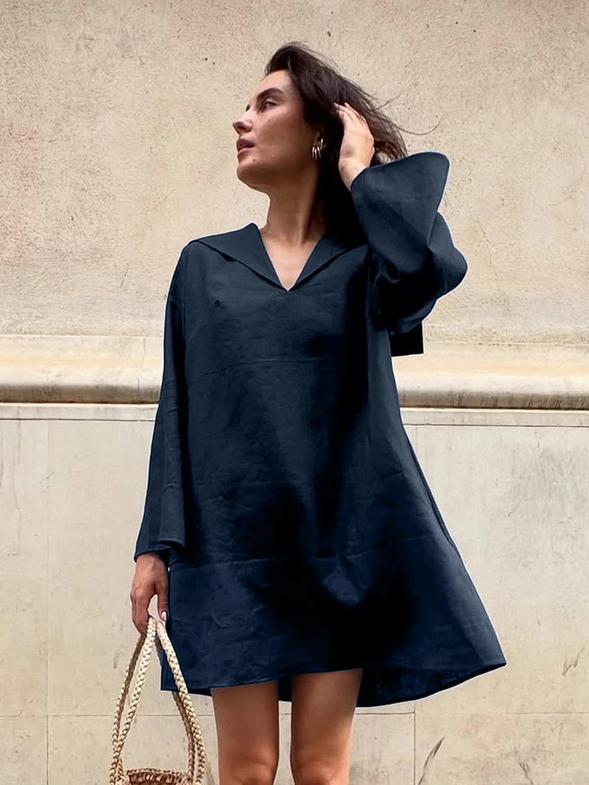 

Marthaqiqi Loose Winter Female Sleepwear Long Sleeve Nightgowns Sexy Sailor Collar Nightwear Mini Dress Casual Women'S Pajamas