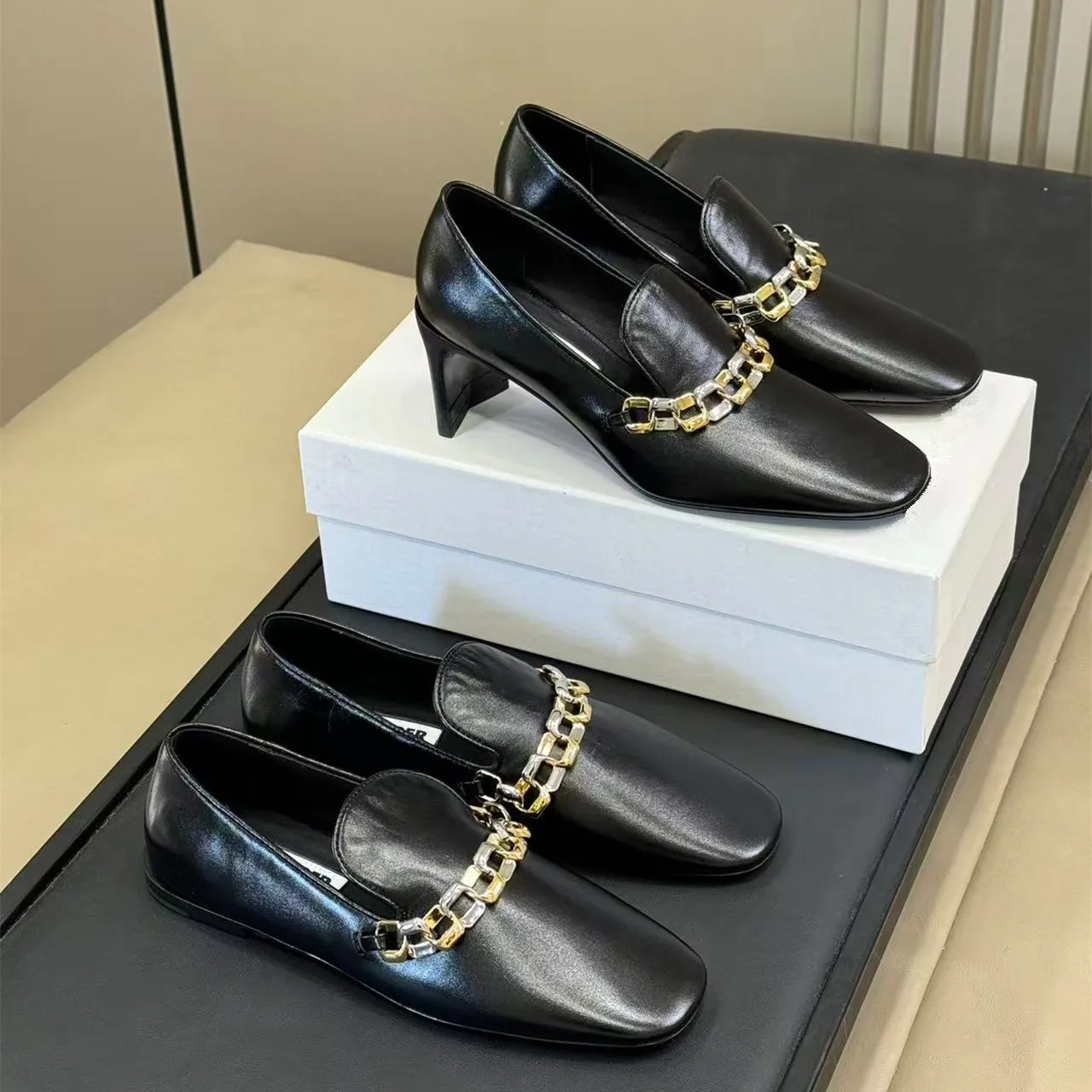 

Осень 2023, новые женские кожаные туфли Le Fu на высоком каблуке с квадратной цепочкой, женские профессиональные маленькие кожаные туфли