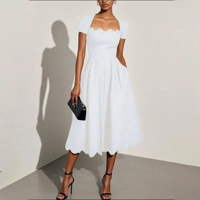 Abito lungo estivo da donna elegante con colletto quadrato a onde Abito lungo da spiaggia solido sexy da ufficio Manica corta Boho Maxi abiti femminili