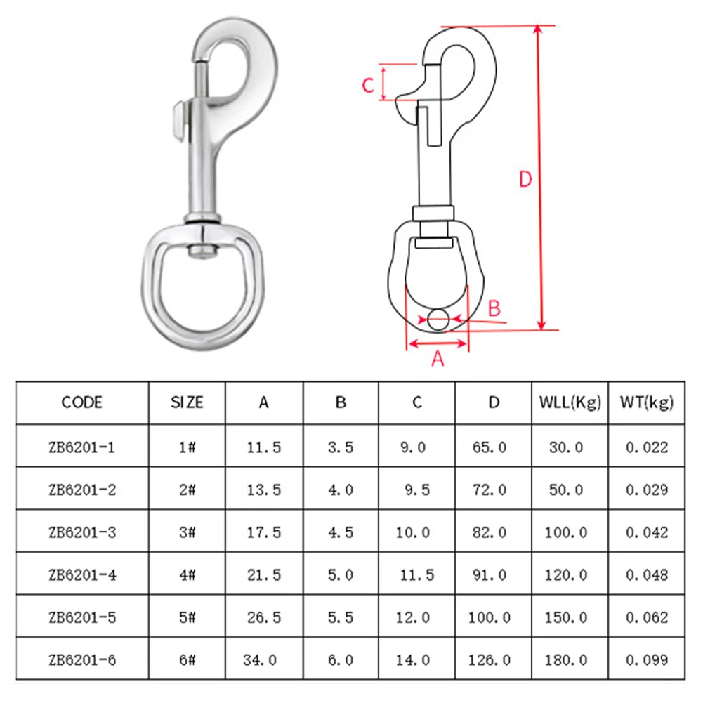 1PC 316 Stainless Steel Swivel Eye Bolt Spring Snap Hook Marine Diving D Ring Snap Hooks With Swivel For Scuba Diving Pet Leash