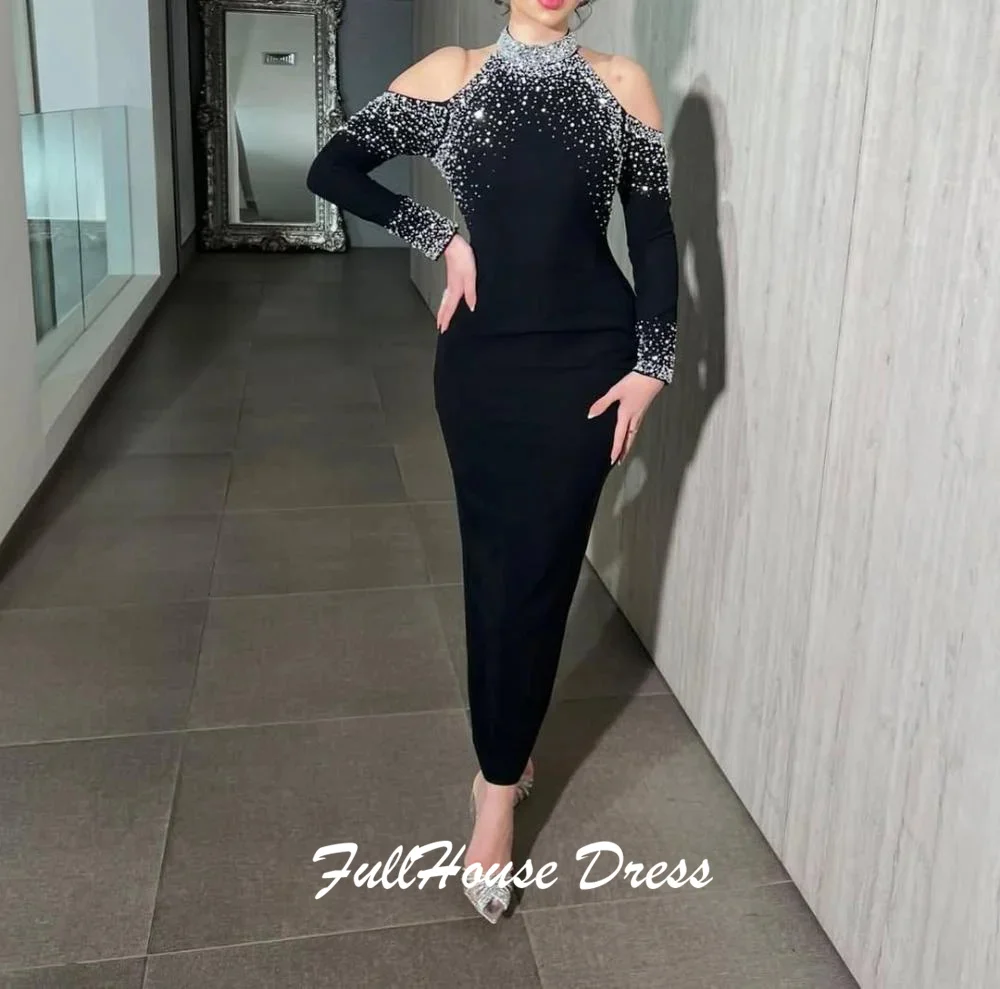 فستان سهرة مخصص لامع أسود برقبة سكوب كريستال سباركلي مثير غمد كم طويل طول الكاحل فستان حفلات للنساء