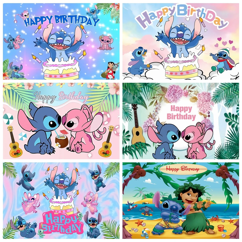 Disney Lilo Stitch Party Backdrops Children's Happy Birthday Decoration Photographic Background Decorations Kids Decor Banner