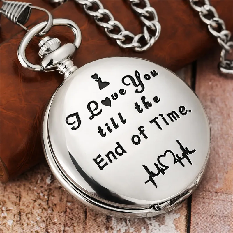 

Vintage Style Black/Silver/Gold I Love You Till the End of Time Unisex Quartz Pocket Watch FOB Chain Roman Number Gift