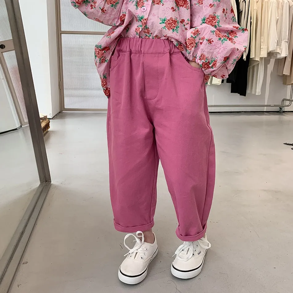 2022 Spring New Style Gril Trousers Rose Red Loose Cropped Pants Trendy Elastic Waist Straight Leg For Korean Kids Gril Clothes