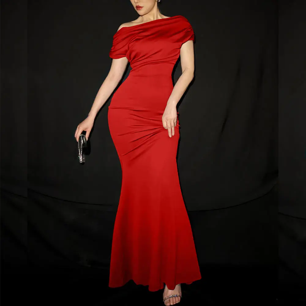 Fashion Design Sexy One Shoulder Ruched Party Dress Elegant Bodycon Long Women Evening Dress