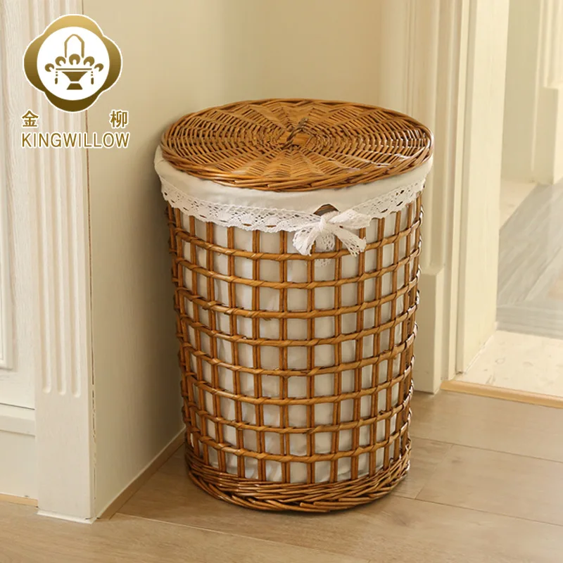 Circular woven storage baskets with hollowed out dirty clothes bucket, rustic style rattan woven laundry basket