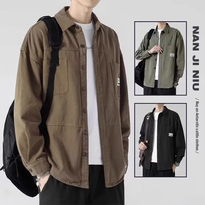 

Men's Casual Loose Cotton irt Jaet Thin Workwear Resistant to Dirt And Wear Spring Autumn Long Sve Youth Faion