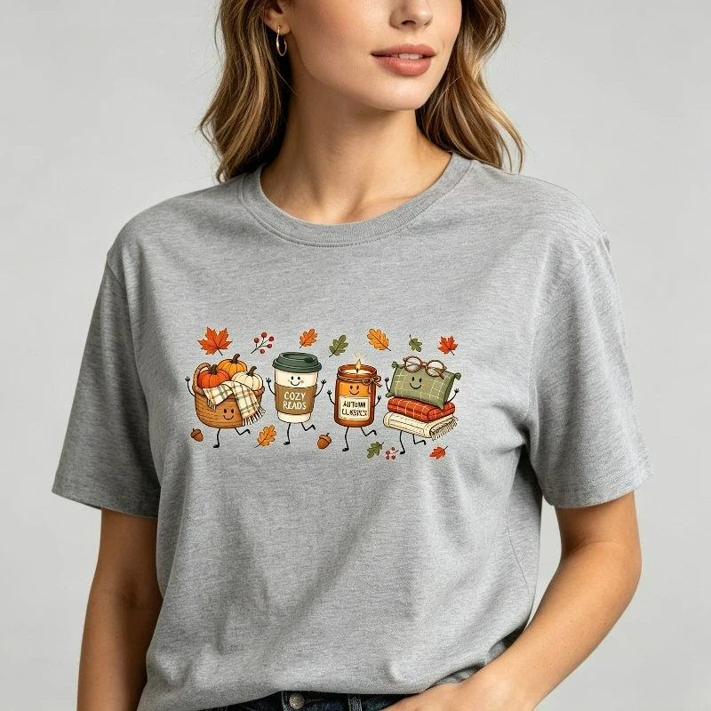 COZY READS AUTUMN CLASSICS Women T-Shirt 100% Cotton Regular Fit Coffee Pumpkin Basket Books Leaves Print Short Sleeve Tee