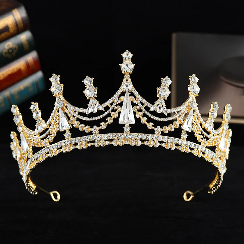 Baroque Vintage Gold Color Geometric Crystal Bridal Tiaras Crown Rhinestone Pageant Diadem CZ Headpiece Wedding Hair Accessories