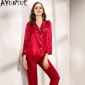 

AYUNSUE 19 мм 100% шелковая одежда для сна, женская одежда, летние пижамные комплекты, повседневные брюки, топ с длинными рукавами, комплект из двух предметов Пижама Женская