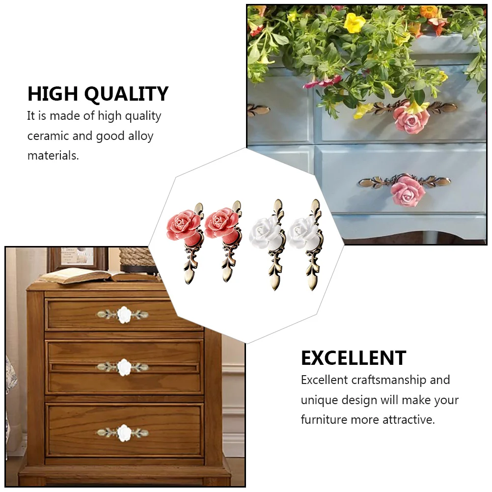 

4Pcs Ceramic Rose Handle Copper Single-Hole Wardrobe Door Handle Creative Decorative Furniture Knob Furniture Knobs