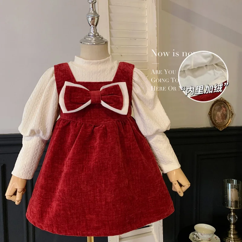 

Girls' Autumn And Winter Fleece-Lined Thickened Korean Suit Western Style Red Baby Girl One Year Old Dress Two-Piece