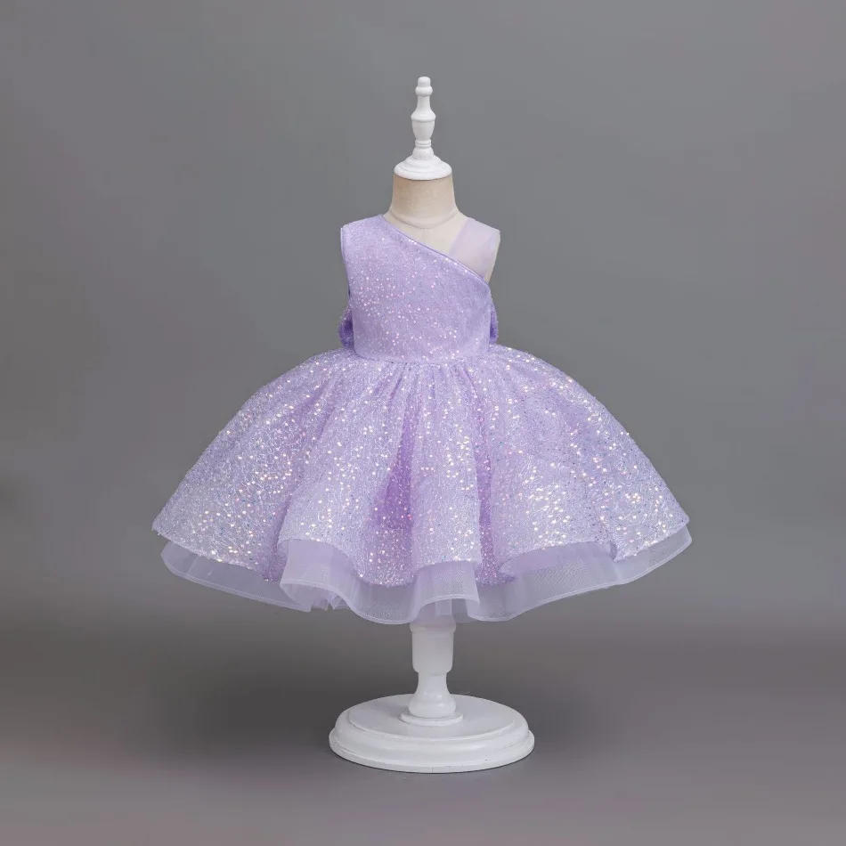 Lila Pailletten-Einschulter-Tüllkleid für Mädchen, formelles Kleid für Geburtstagsfeiern, Hochzeiten und Familienfeiern, glänzendes Kleid BX35