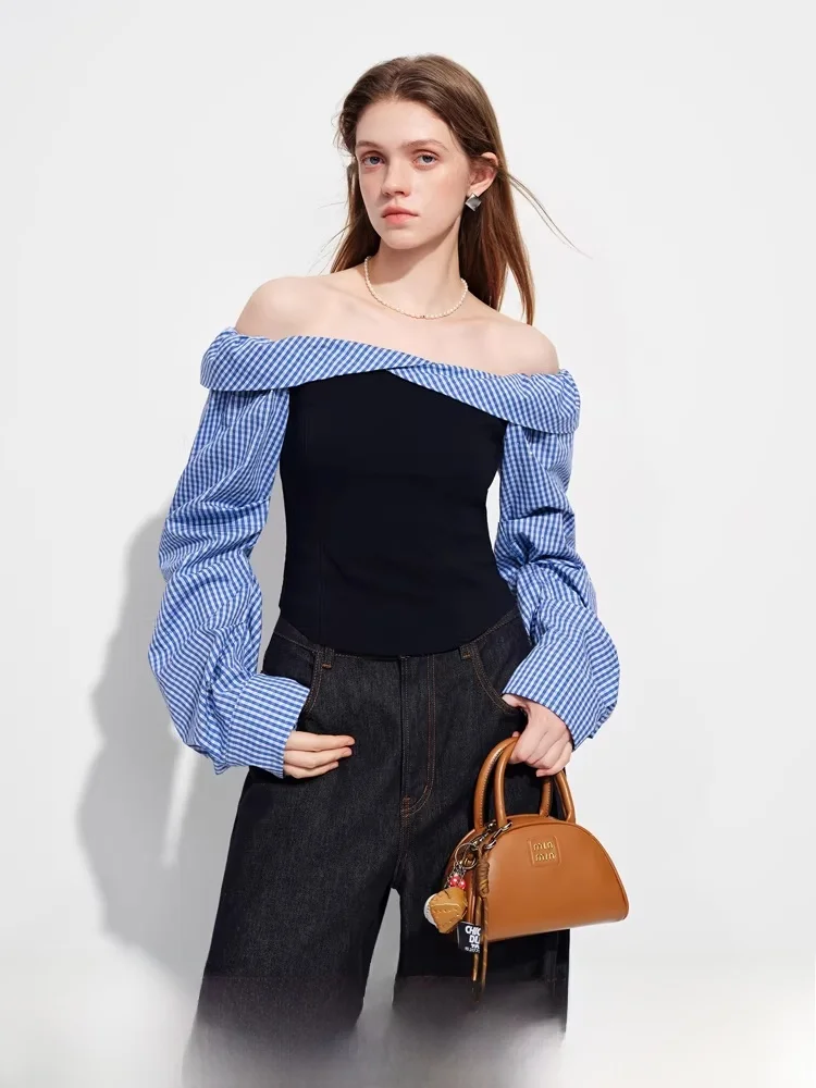 

Blue Plaid irt One oulder Long Sve Commute Spring New Sle Faionable Women's Cotton Blend irt ort Length