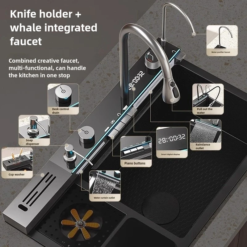 Stainless Steel Kitchen Sink Multifunction Waterfall Sinks Large Single Slot Digital Display Faucet Set Dishwashing Sinks