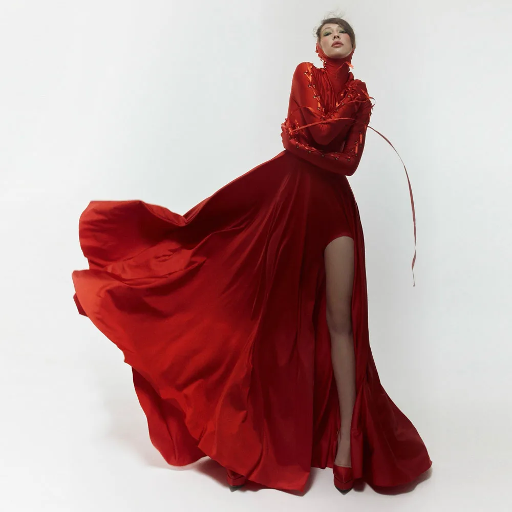

Amazing High Split A-line Long Red Women Skirts Handmade Female Skirt To Party Saias