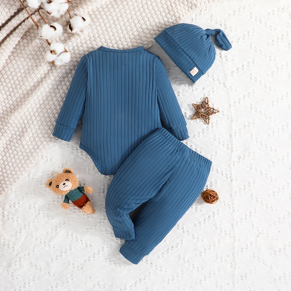 Clothing Set For Kid Unisex 0-24Months Long Sleeve Tiny Button Romper and Pants with Hat Outfit Kids Wear For Newborn Baby Boy